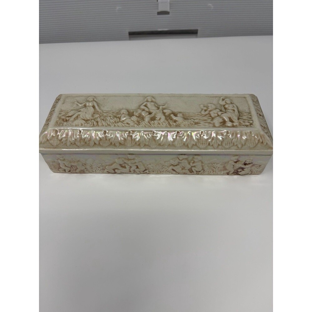 Vintage Greek Satyr Ceramic Box Handmade Lidded 9" Inch Rectangular Trinket Box
